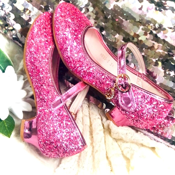 HANKAYOU | 34 / 5 | Girls’ Pink Glitter Low Heel Mary Jane Sparkle Shoe - Picture 1 of 13